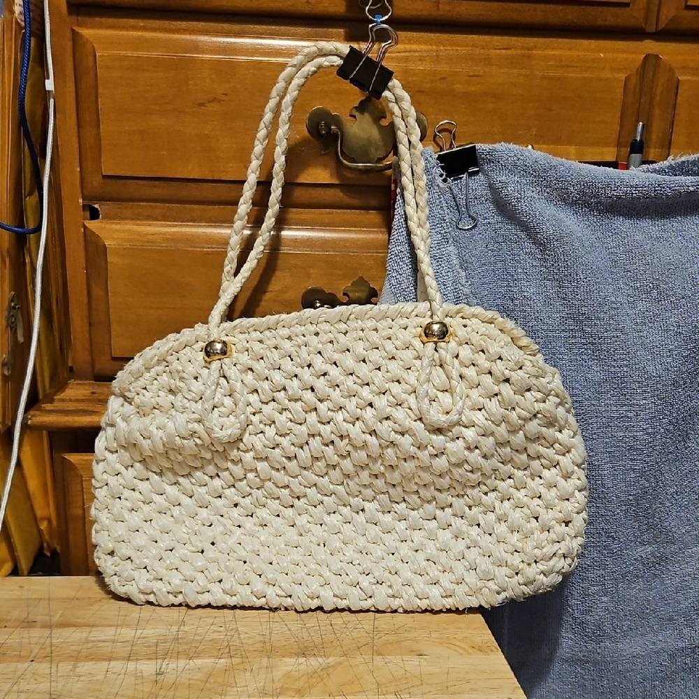 Neiman Marcus-Woven Cream Tote Bag with Braided Handles-Made In Japan.